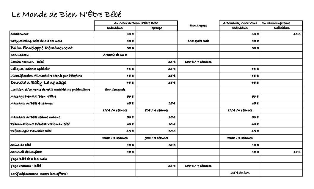 Tarifs: L'Univers de Bébé: Tableau des Tarifs